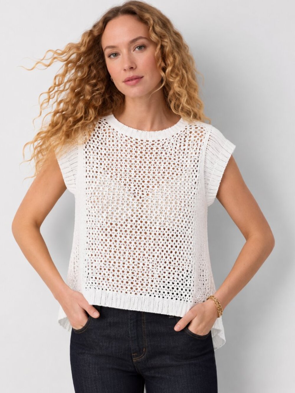 WHBM White Open Knit Crochet Top Ribbed Cap Sleeve High Low Hem S NWT